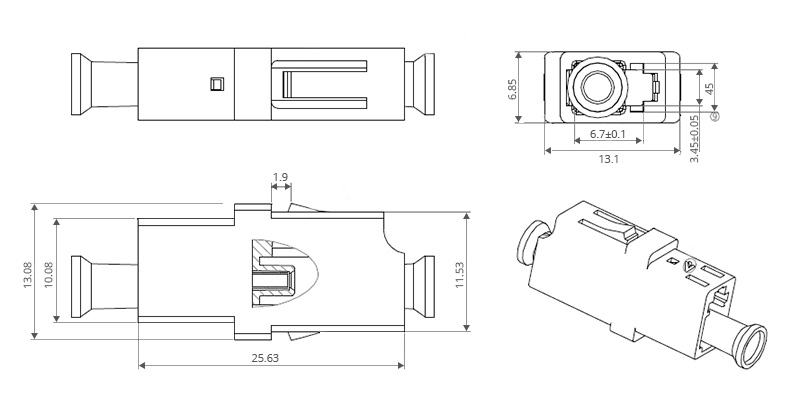 Simplex LC UPC To LC UPC Fiber Adapter Dimensions