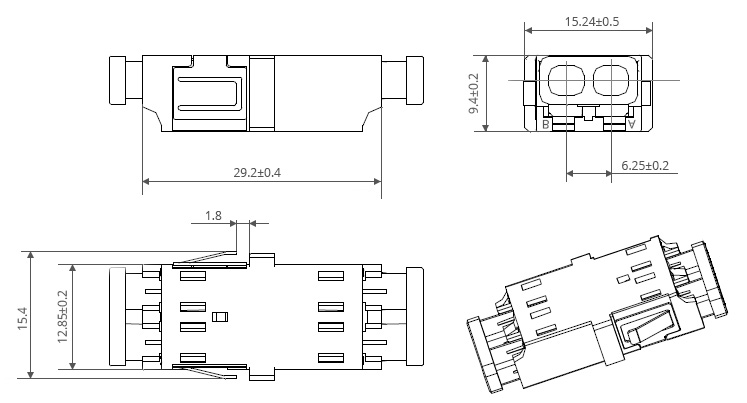 Duplex LC UPC to LC UPC SC Footprint Fiber Adapter Without Flange Dimensions