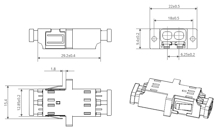 Duplex LC UPC To LC UPC SC Footprint Fiber Adapter With Flange Dimensions