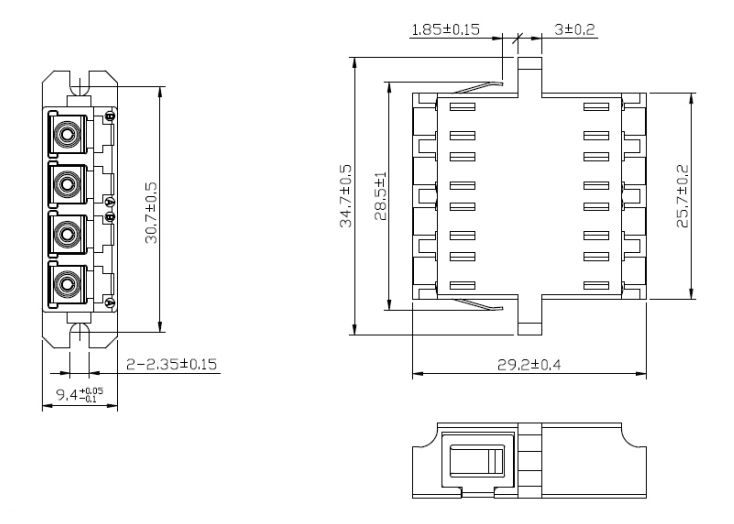 Quad LC UPC To LC UPC Fiber Adapter With Flange Dimensions