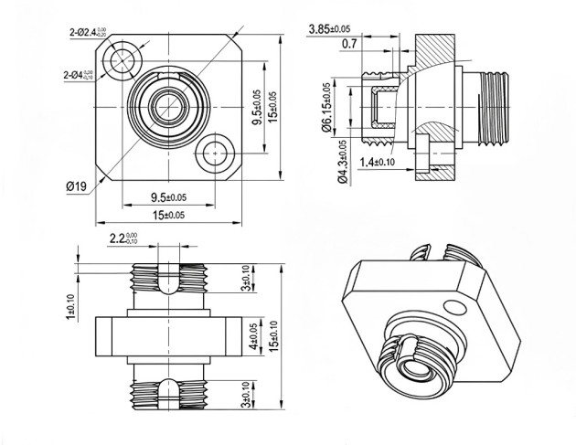 FC To FC Square Solid Type One Piece Metal Fiber Adapter Dimensions
