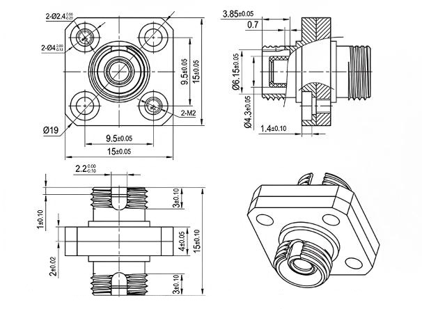 FC To FC Square Solid Type Two Pieces Metal Fiber Adapter Dimensions
