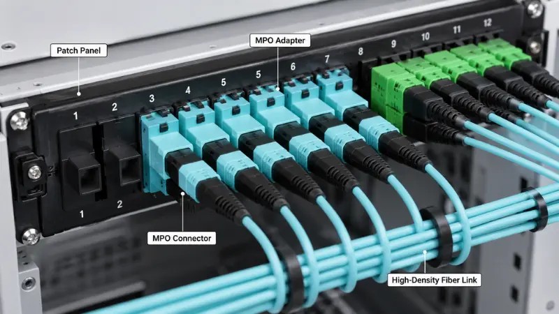 What Is an MPO Adapter? Types, Polarity & Selection Guide - MPO MTP Worked Example A Data Center Patch Panel