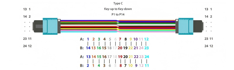 24 Fibers MTP 24 Trunk Cable Polarity Method Type C